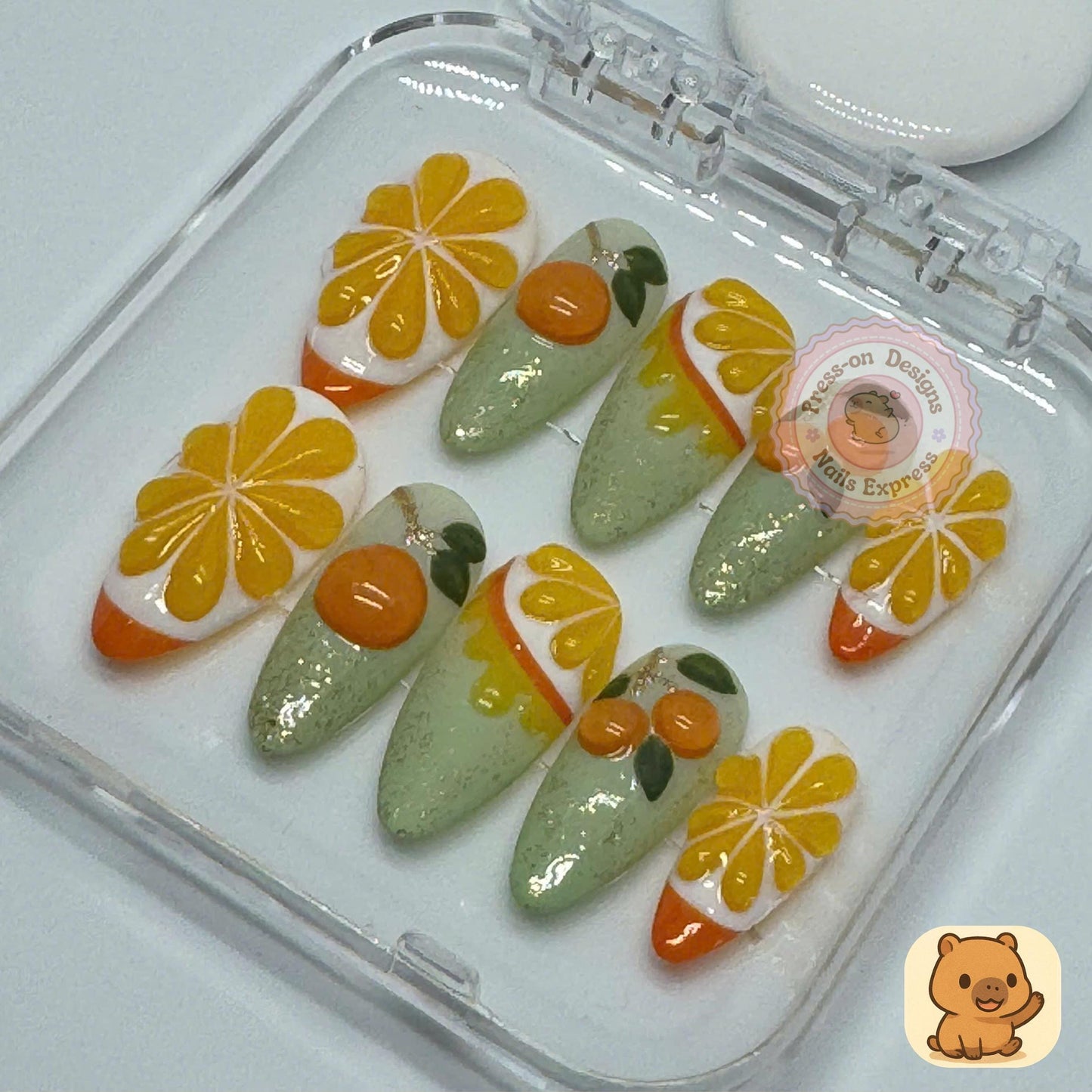 Citrus Bloom Press-On Nails – Orange Fruit & Flower Nail Art with Green Glitter Ombré – Handmade Summer Garden Set