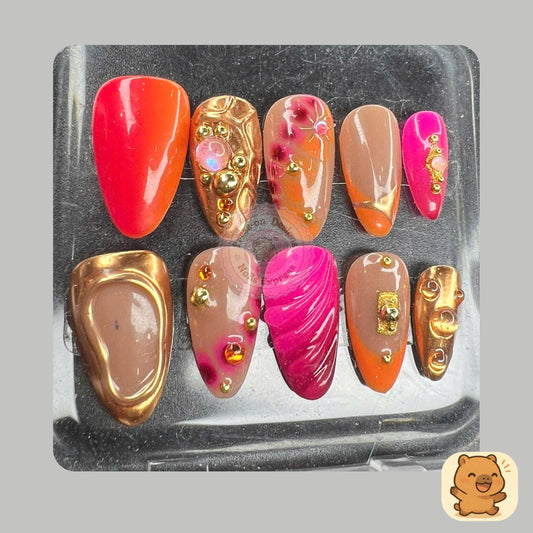 Luxury Press-On Nails | Pink Orange Ombre with Gold 3D Charms | Handmade Nail Art for Parties, Gifts, Summer and Festival Looks