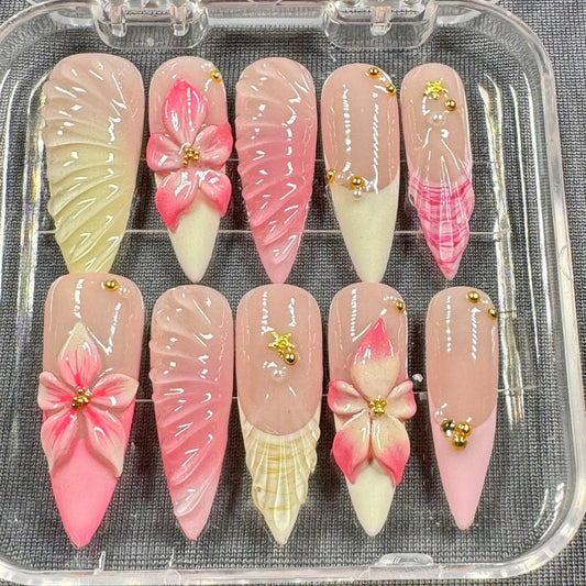 Petal Whispers Press On Nails – Soft Pink 3D Floral Nails with Shell Texture & Gold Beads | Gift for Her