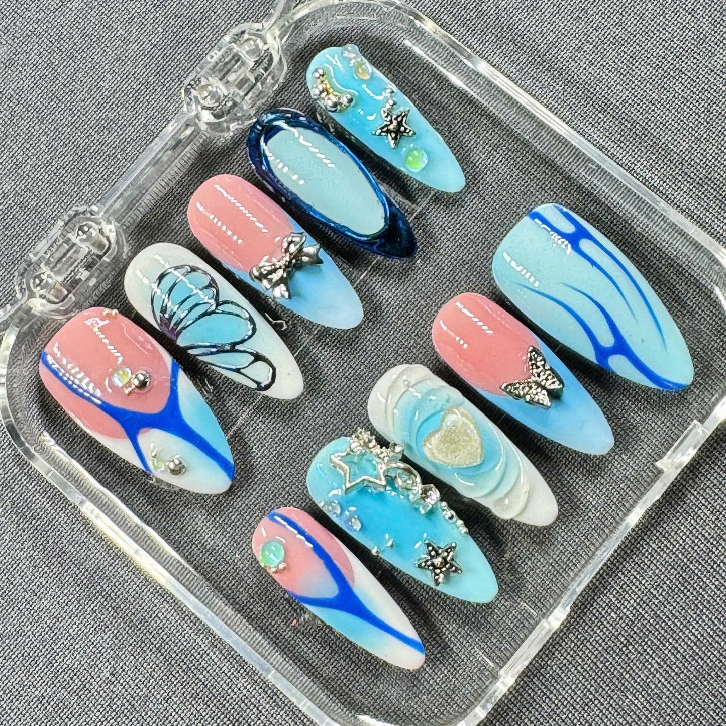 Ocean Dream Press On Nails – Blue Butterfly Nail Art with 3D Stars, Heart & Chrome Accents | Gift for Her