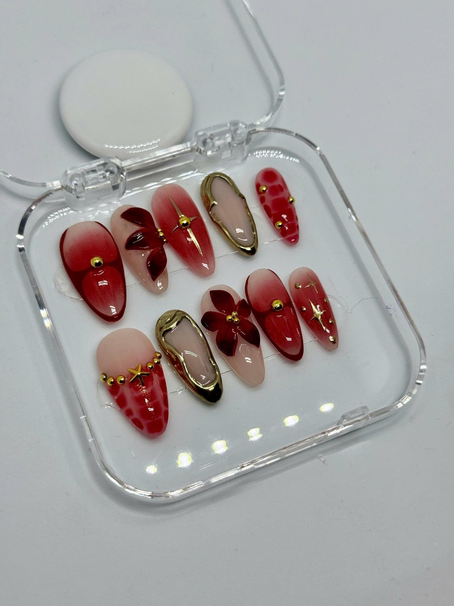 Cherry Bloom Press-On Nails with Pink Ombre, 3D Red Flowers, Gold Charms & Glossy Finish | Perfect for Date Night, Gifts | Summer Style