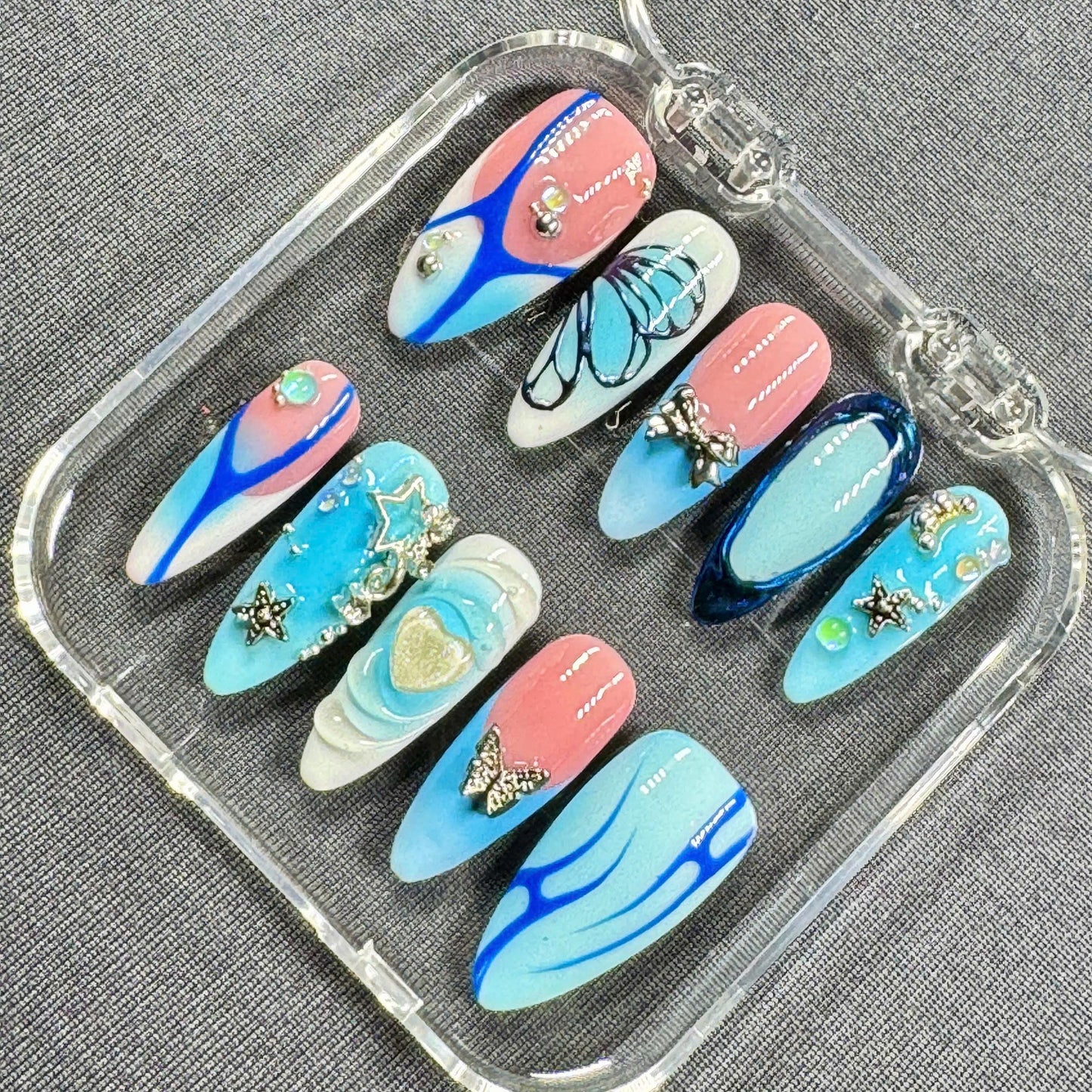 Ocean Dream Press On Nails – Blue Butterfly Nail Art with 3D Stars, Heart & Chrome Accents | Gift for Her