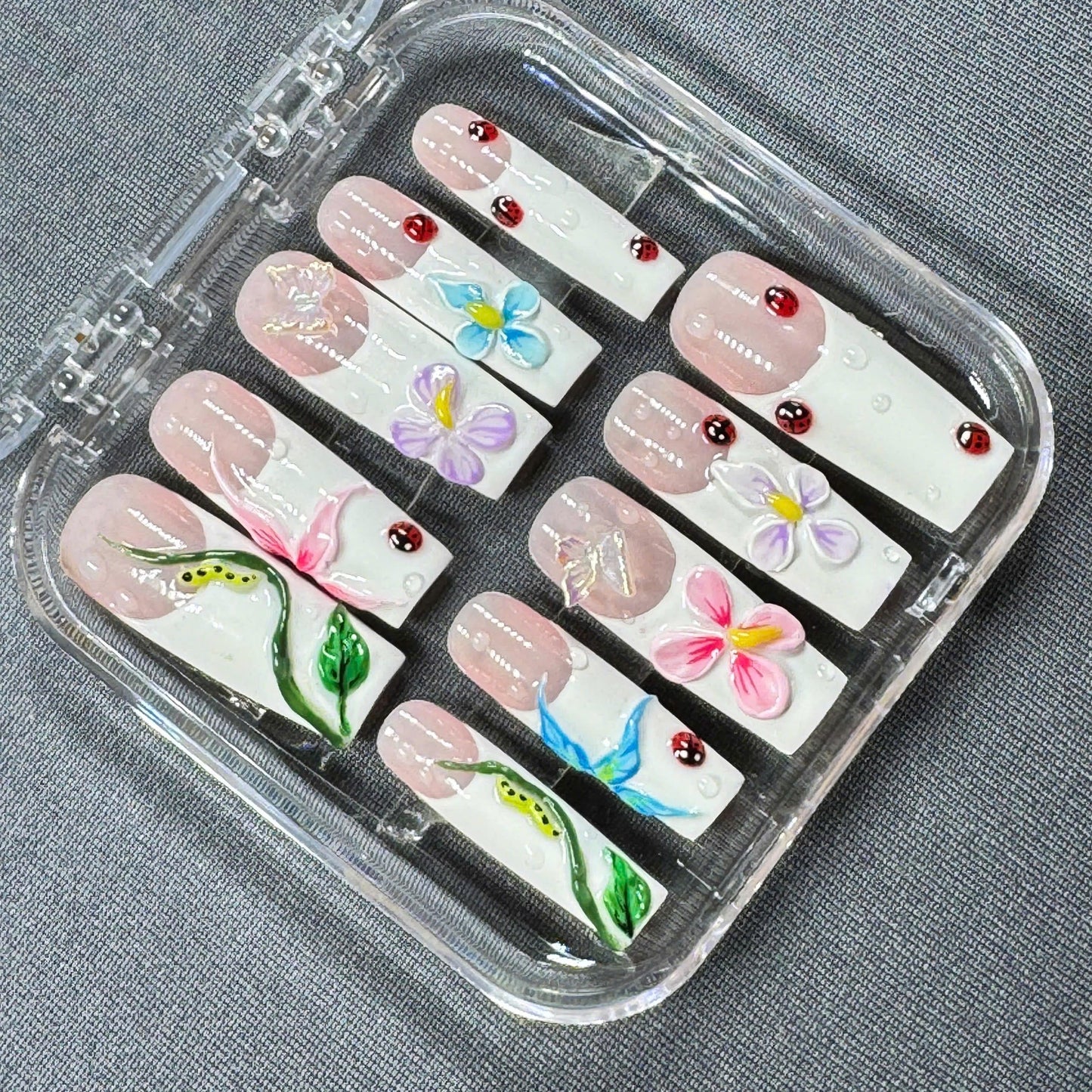 Garden Whimsy Press On Nails – 3D Flowers & Ladybug Design on Pastel French Tips | Gift for Her