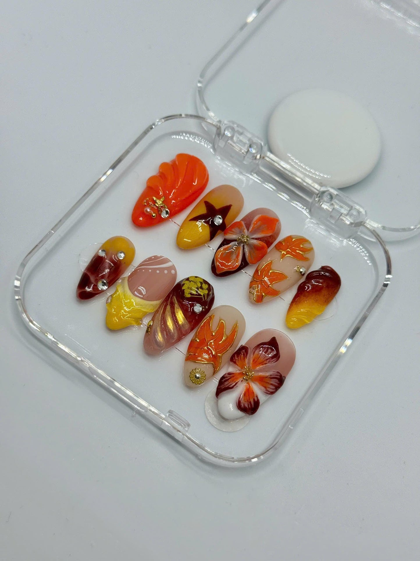 Autumn Blaze Press-On Nails – 3D Floral & Leaf Designs in Orange, Red Gold | Handmade Nails for Fall, Thanksgiving, or Gift for Her