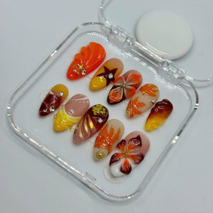 Autumn Blaze Press-On Nails – 3D Floral & Leaf Designs in Orange, Red Gold | Handmade Nails for Fall, Thanksgiving, or Gift for Her