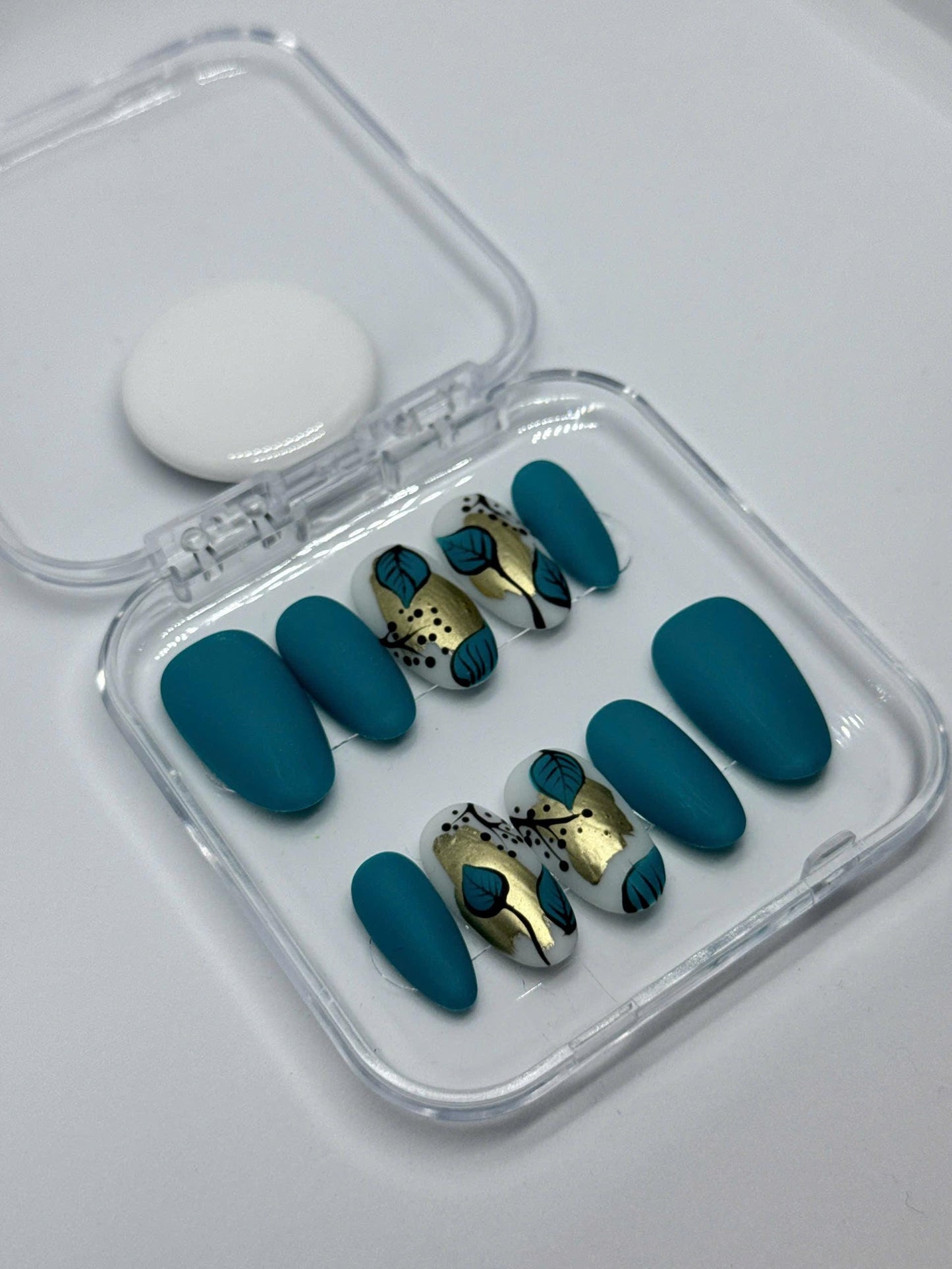 Teal Matte Press-On Nails – Hand-Painted Gold Leaf Accent Design | Modern Minimalist Handmade Nails for Fall, Events, or Gift for Her