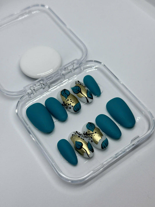 Teal Matte Press-On Nails – Hand-Painted Gold Leaf Accent Design | Modern Minimalist Handmade Nails for Fall, Events, or Gift for Her