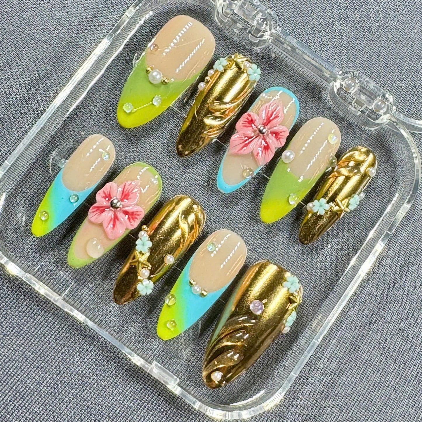 Golden Garden Press On Nails – Chrome Gold with Pastel Florals and Neon Tips | Gift for Her