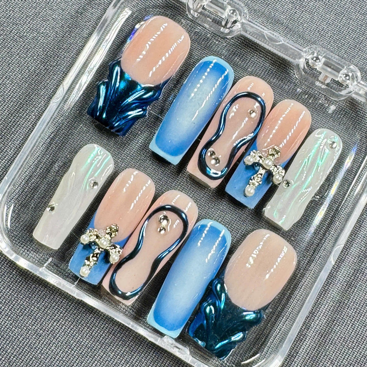 Celestial Glaze Press On Nails – Blue Chrome Waves, Crystal Cross & Pearl Shine | Gift for Her
