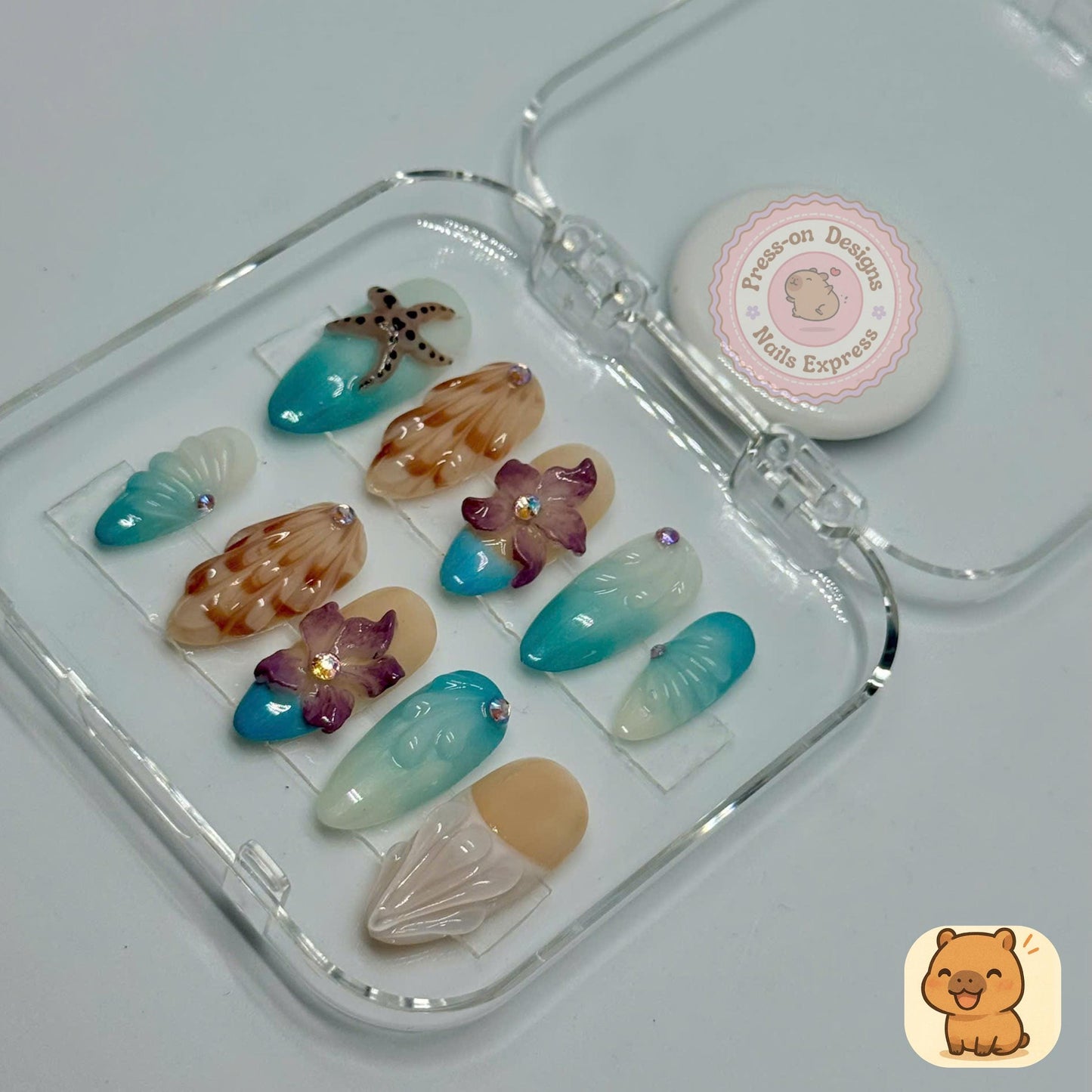 Tropical Shoreline Press-On Nails – 3D Beach Nail Art with Starfish, Shells & Flowers – Handmade Ocean-Inspired Summer Set