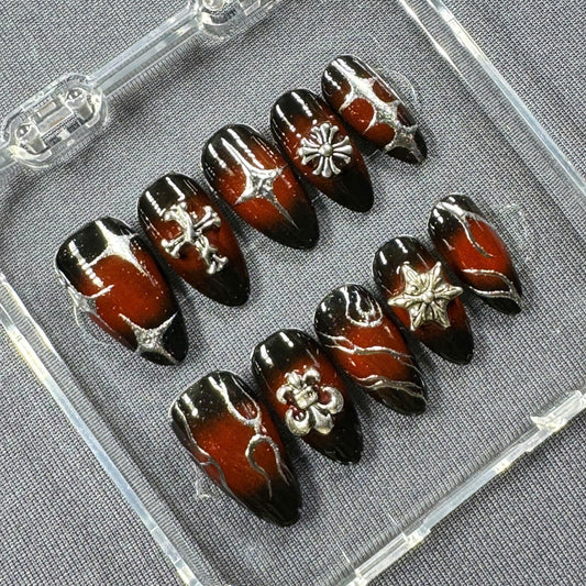 Midnight Flame Press On Nails – Gothic Red with Chrome Charms and Silver Flames | Gift for Her