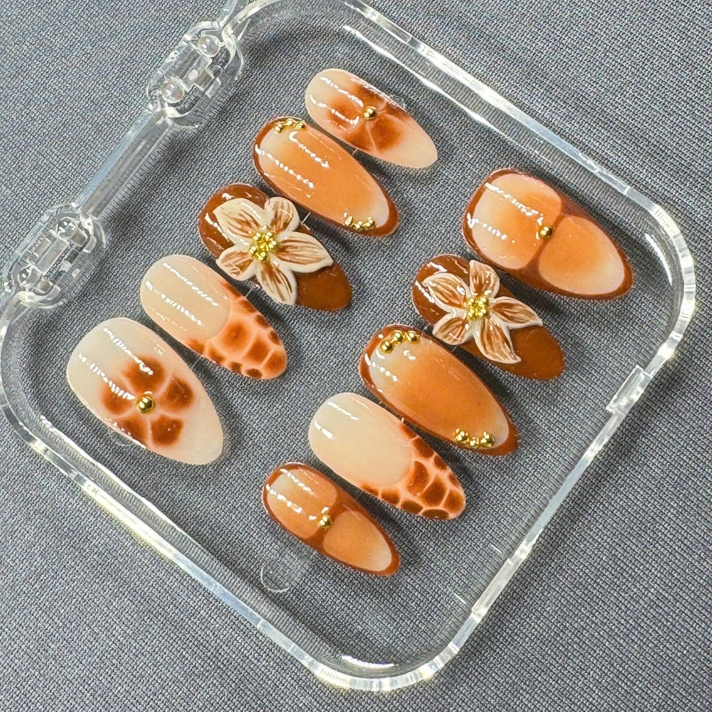 Caramel Blossom Press On Nails – Hand Sculpted Florals and Giraffe Print Accents | Gift for Her