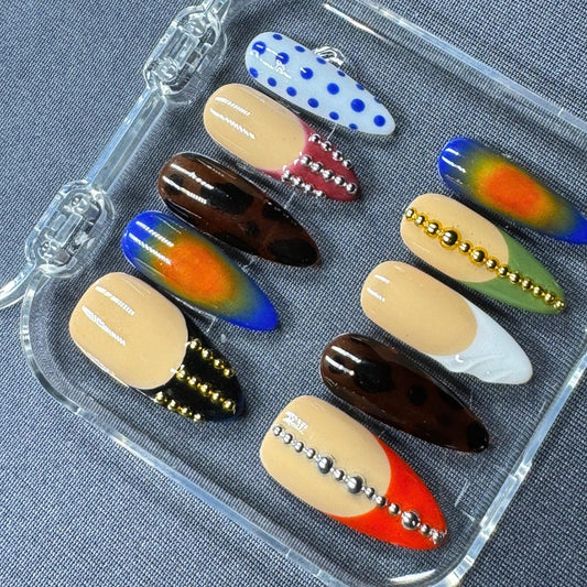 Boho Chic Press-On Nails – Earthy Tones with Geometric Design – Handmade Long Coffin Set