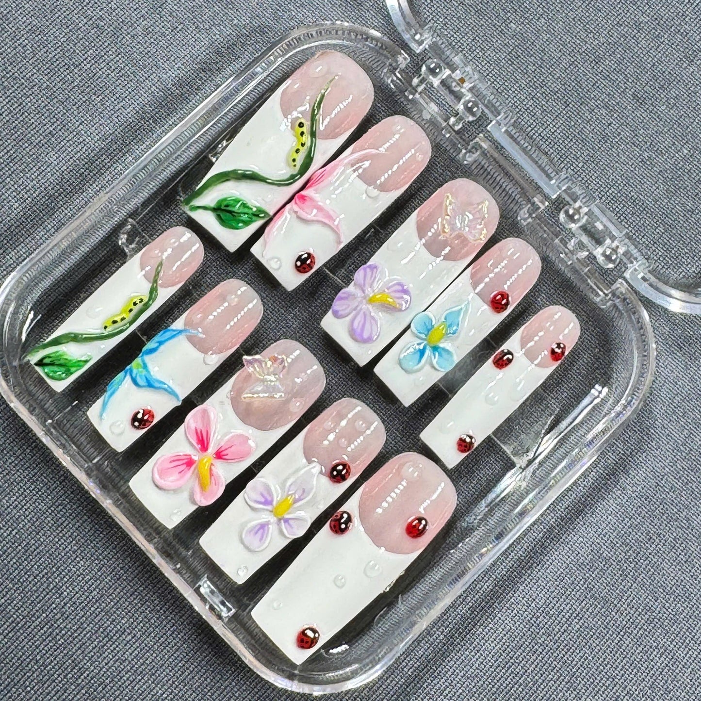 Garden Whimsy Press On Nails – 3D Flowers & Ladybug Design on Pastel French Tips | Gift for Her