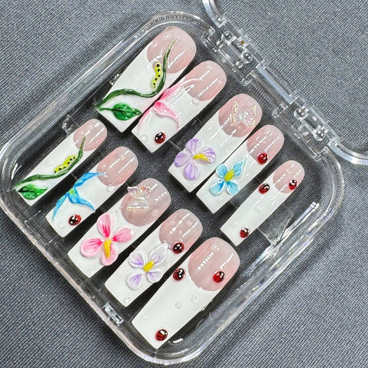 Garden Whimsy Press On Nails – 3D Flowers & Ladybug Design on Pastel French Tips | Gift for Her