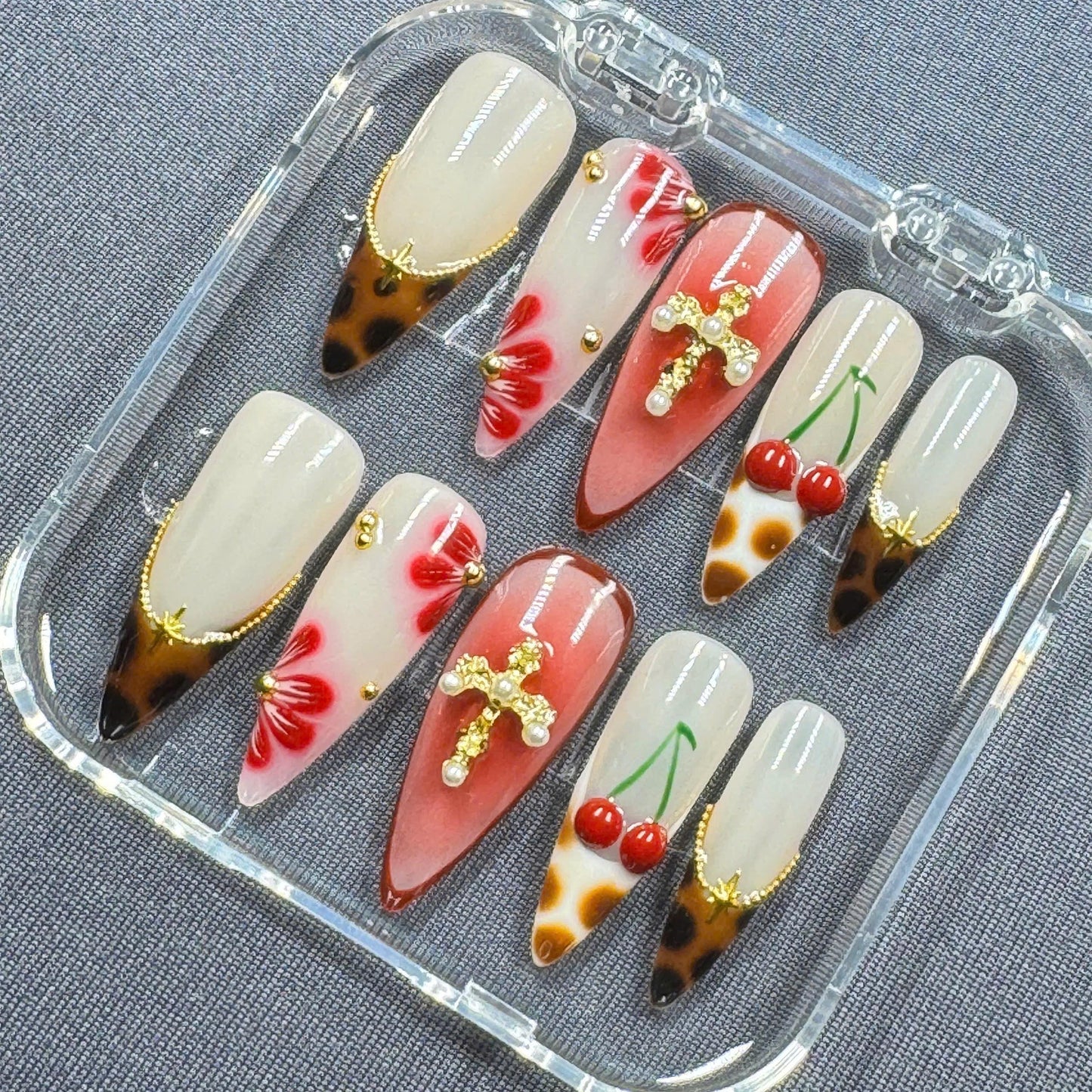 Pastel Floral Press-On Nails – Hand-Painted Summer Garden Design – Reusable Gel Nail Set