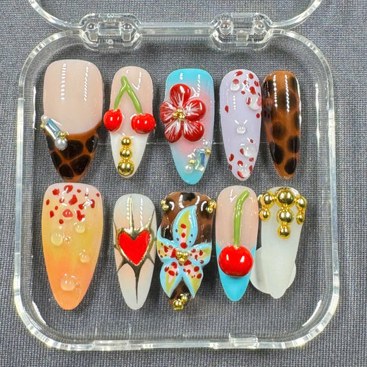 Playful Pop Press On Nails – Cherry, Leopard and Butterfly Design in Mixed Colors | Gift for Her