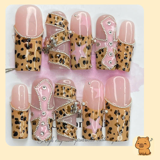 Leopard Chic Glam Press On Nails – Pink n Nude Set with 3D Silver Rhinestones & Star Detail – Nails for Parties, Night Out or Gift for Her