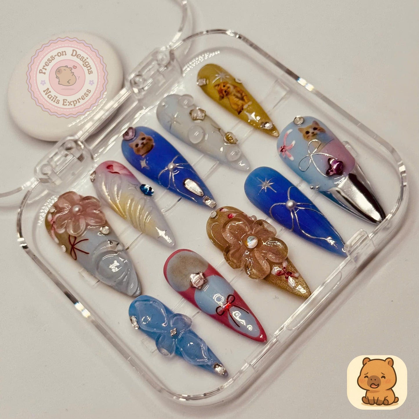 Kitty Dreams Press-On Nails – 3D Bow and Bear Nail Art with Stars & Flowers – Handmade Fairytale Gradient Nail Set