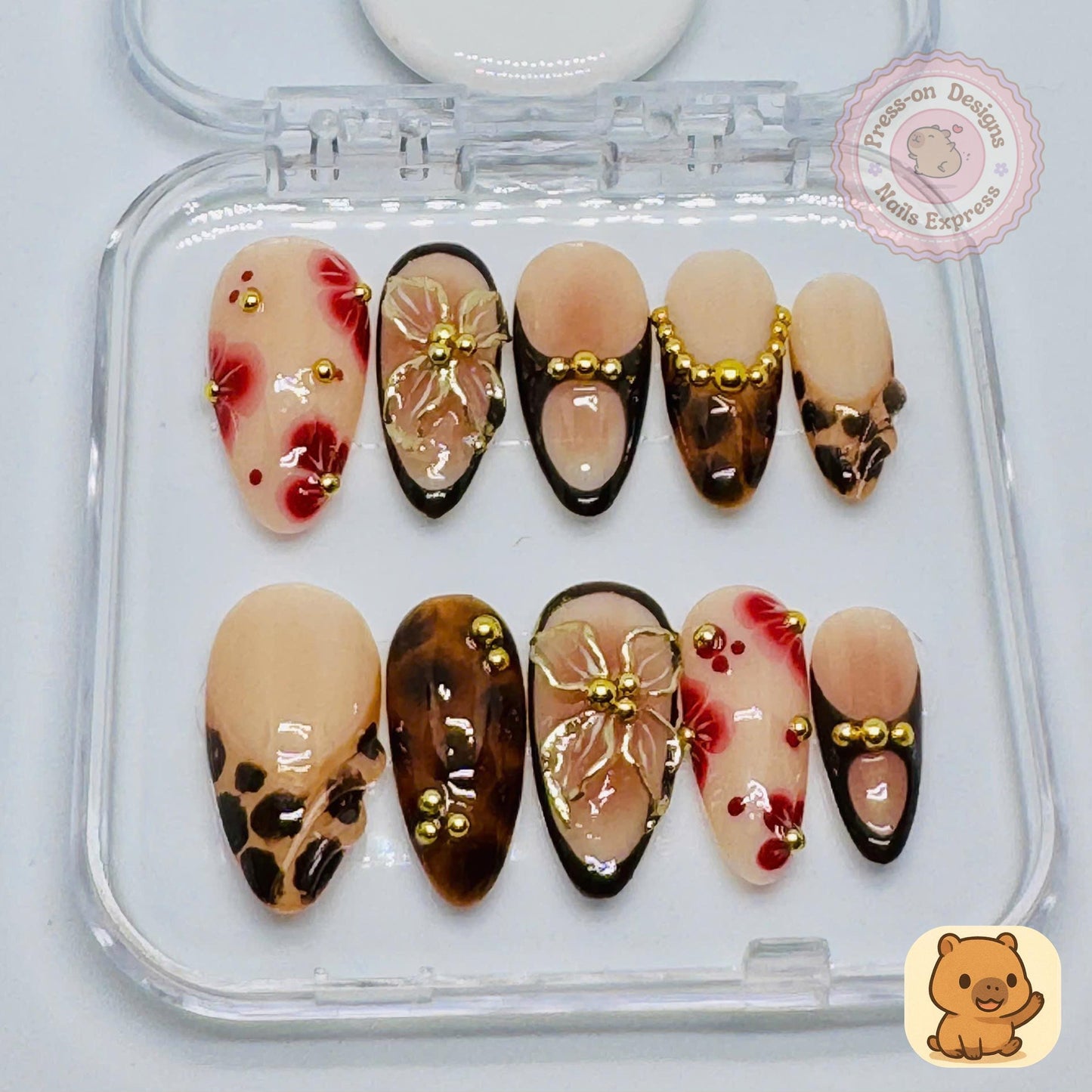 Nude Bloom Luxe Press-On Nails – Handmade Almond Set with Leopard Print, 3D Floral Bows & Gold Beads – Elegant Neutral Nail Art Gift for Her