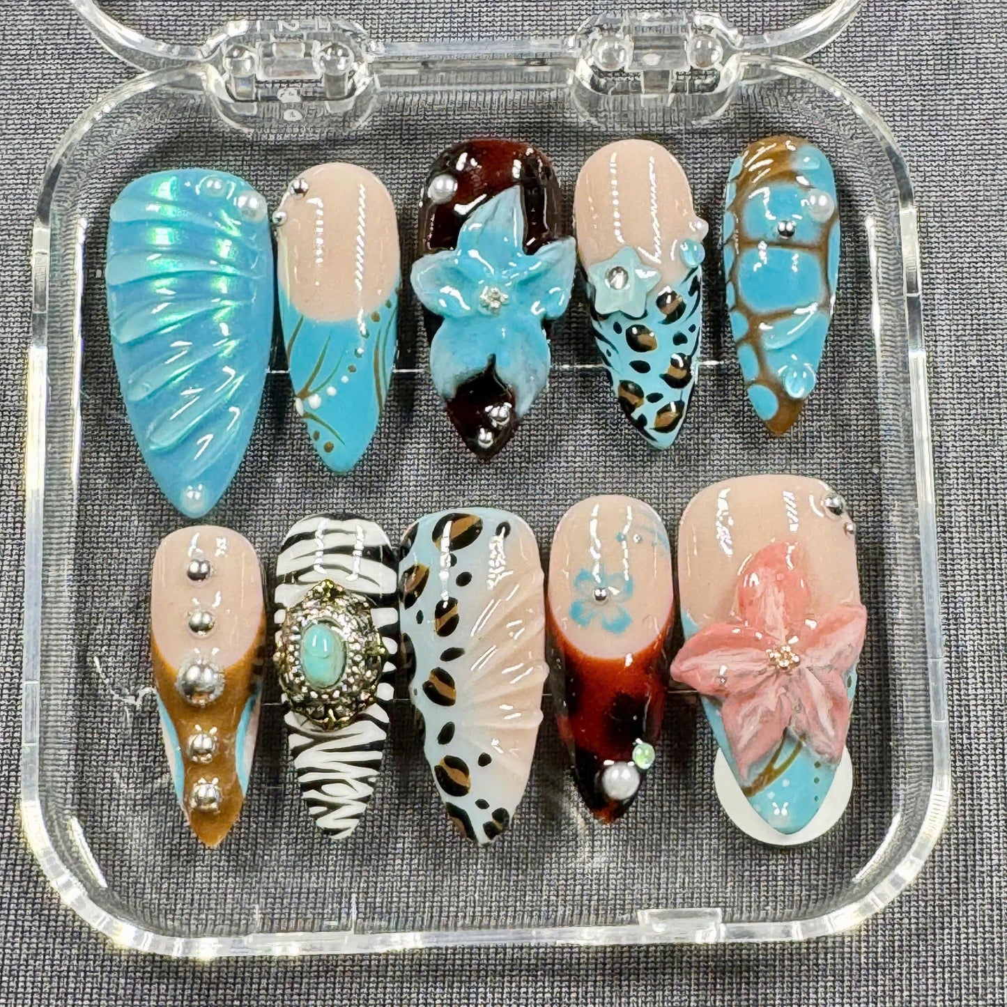 Boho Safari Press On Nails – Turquoise Blue 3D Floral Nails with Leopard, Zebra & Tribal Accents | Gift for Her