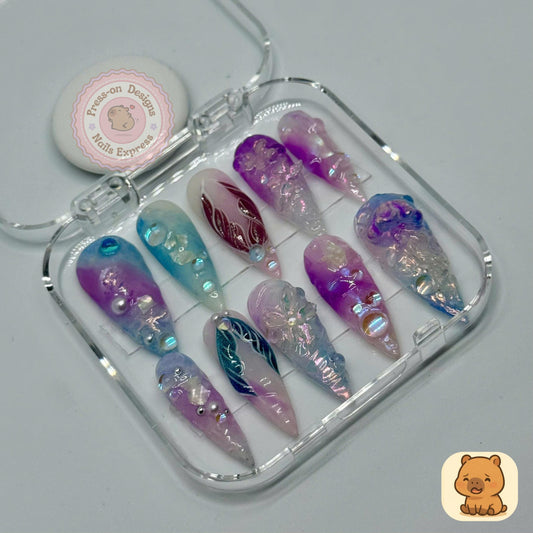 Iridescent Dream Press-On Nails – Pastel Chrome Fairycore Nail Art with 3D Flowers & Crystals – Handmade Long Teardrop Set