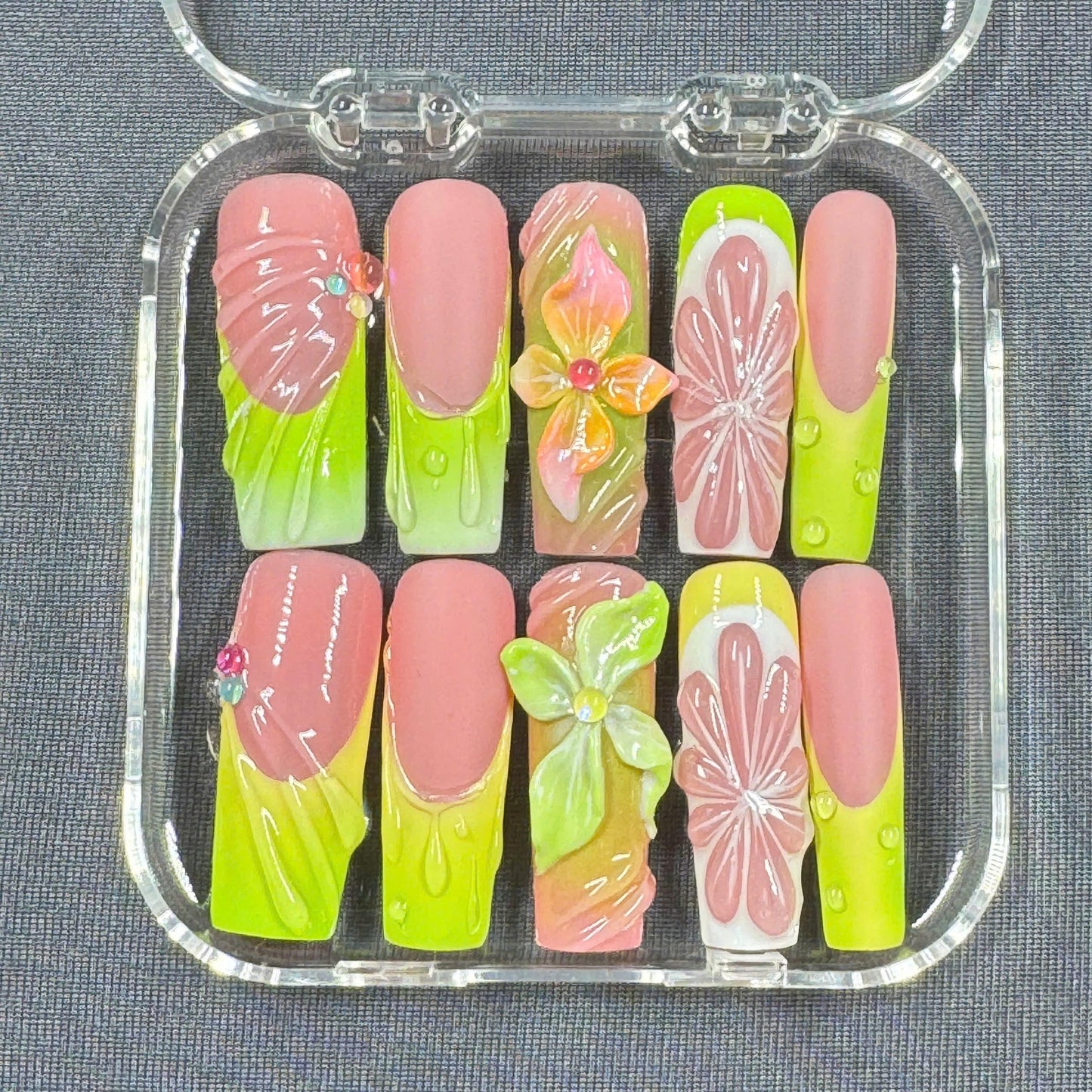 Tropical Bloom Press On Nails – Lime Pink Set with 3D Florals and Jelly Shine | Gift for Her