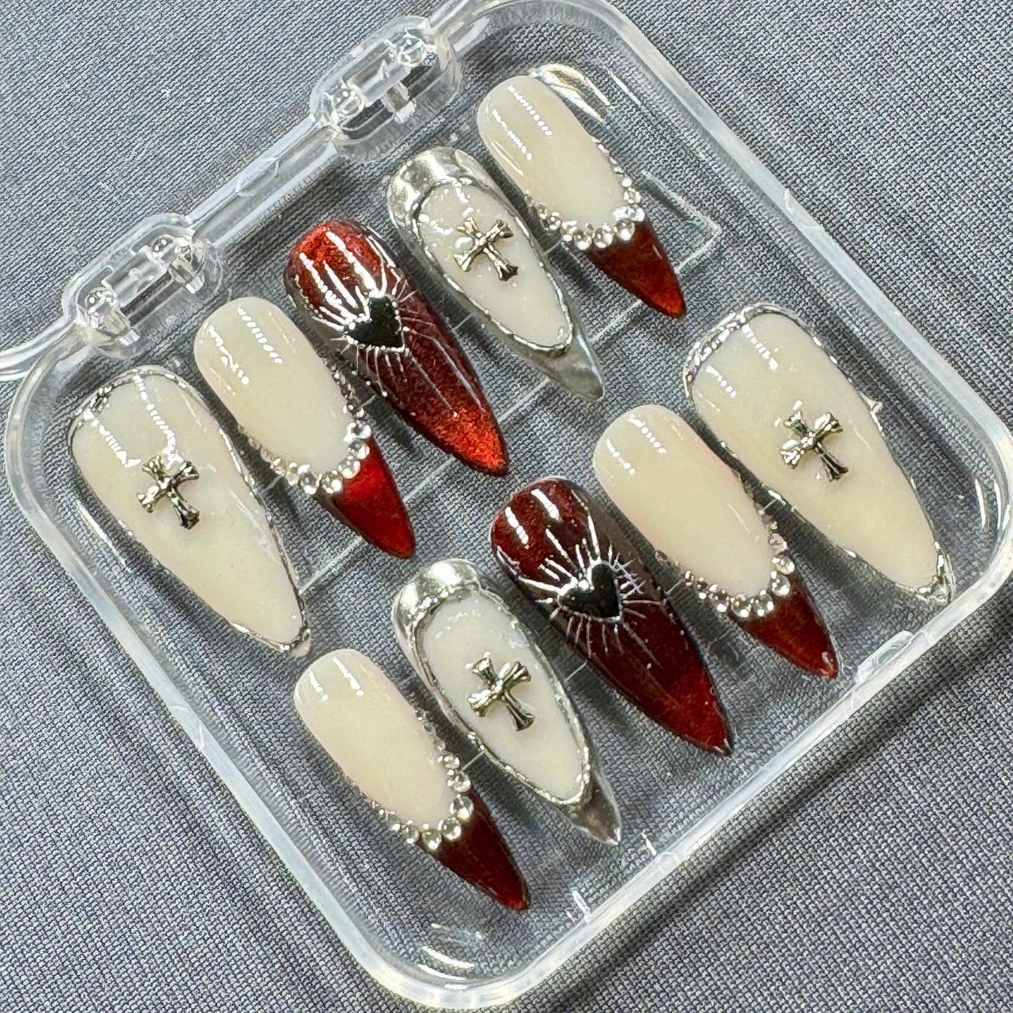 Crimson Faith Press-On Nails – Red Chrome French Tips with Cross Charms Black Heart Accent and Silver Beads | Handmade Gothic Nails