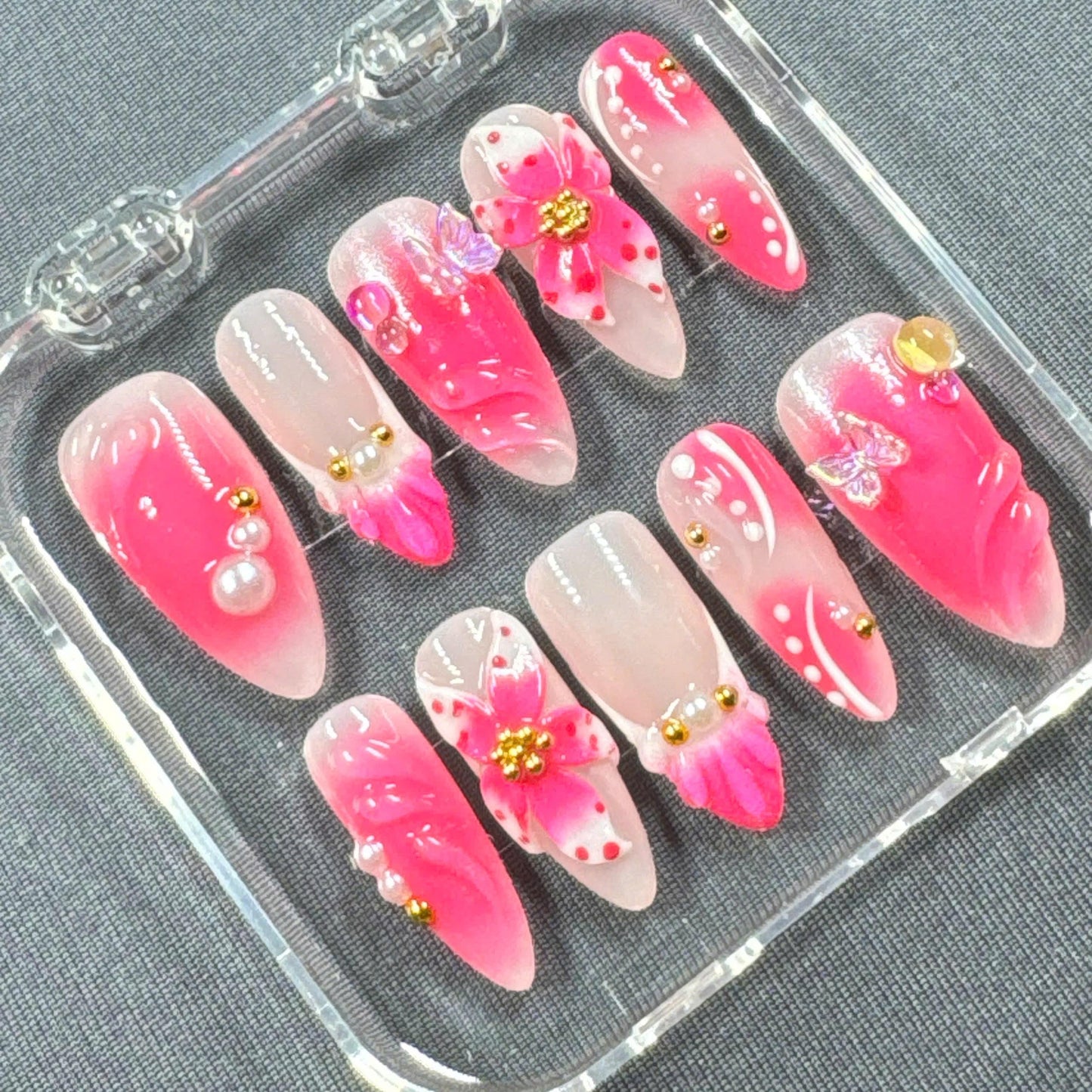 Pink Fantasy Press-On Nails – 3D Flowers with Pearls Gold Beads and Butterfly Accents | Handmade Nails for Girly Glam or Summer Events