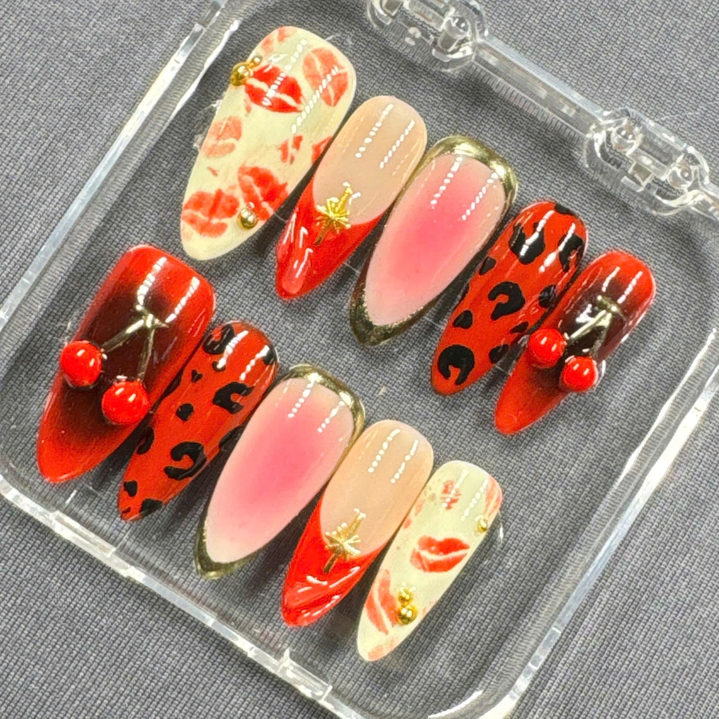 Cherry Kiss Wild Press On Nails – Lip Art & 3D Cherries | Gift for Her