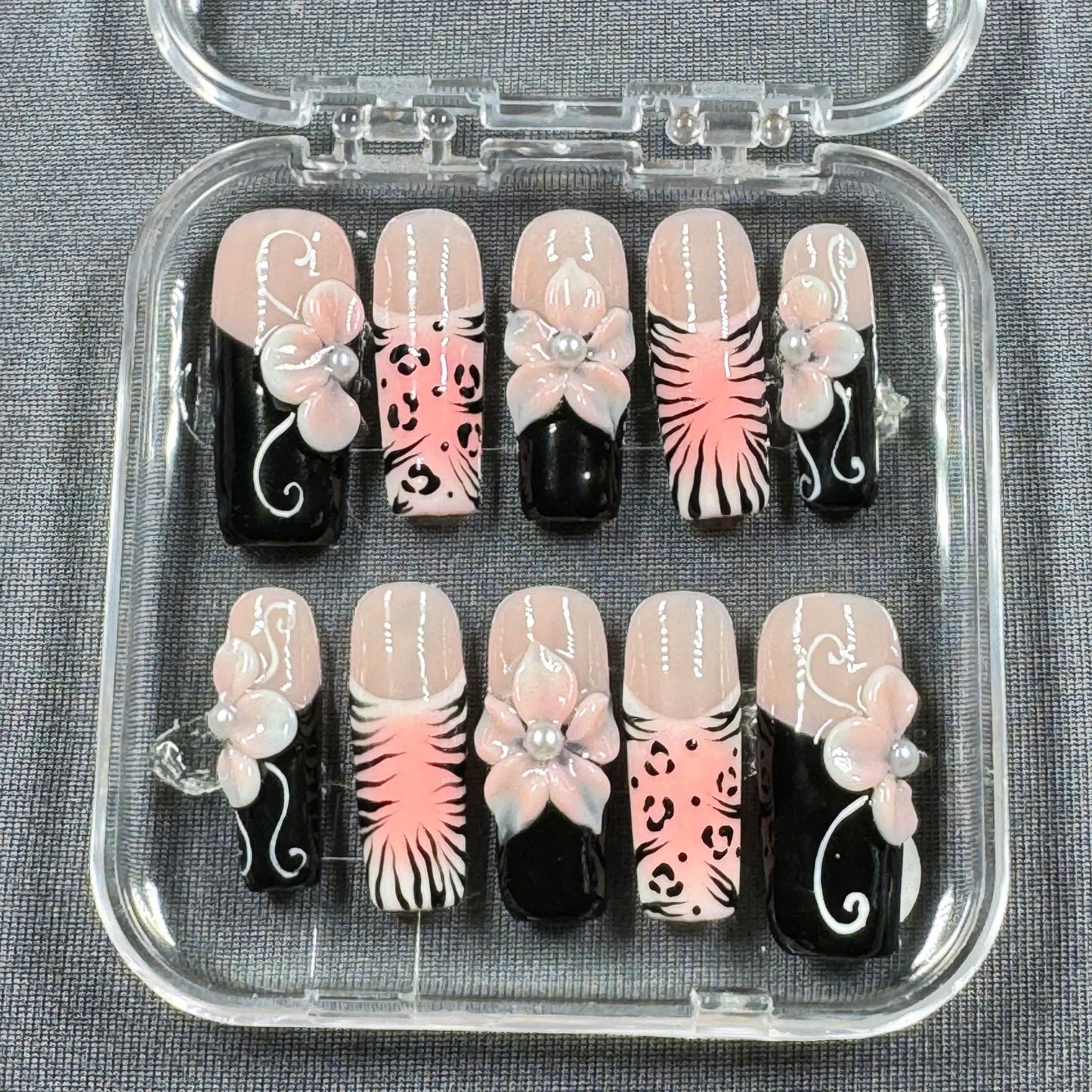 Blush Safari Bloom Press On Nails – Nude Black Mix with 3D Flowers & Animal Print | Gift for Her