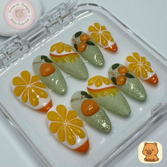 Citrus Bloom Press-On Nails – Orange Fruit & Flower Nail Art with Green Glitter Ombré – Handmade Summer Garden Set