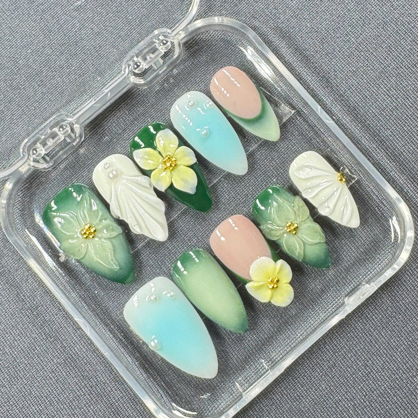 Spring Garden Bloom Press On Nails – Ombre Green with 3D Florals and Pearl Accents | Gift for Her