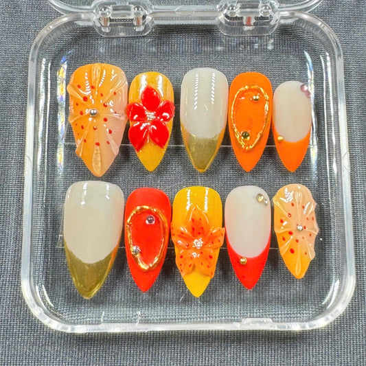 Tropical Sunset Bloom Press On Nails – Bold Orange, Yellow & 3D Floral Accents | Gift for Her