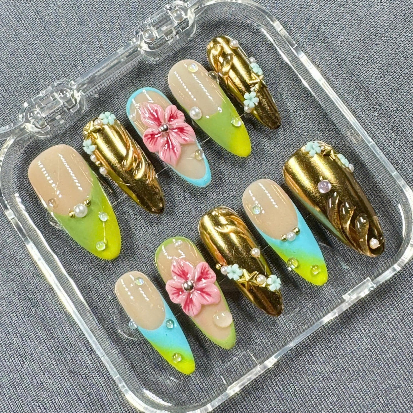 Golden Garden Press On Nails – Chrome Gold with Pastel Florals and Neon Tips | Gift for Her