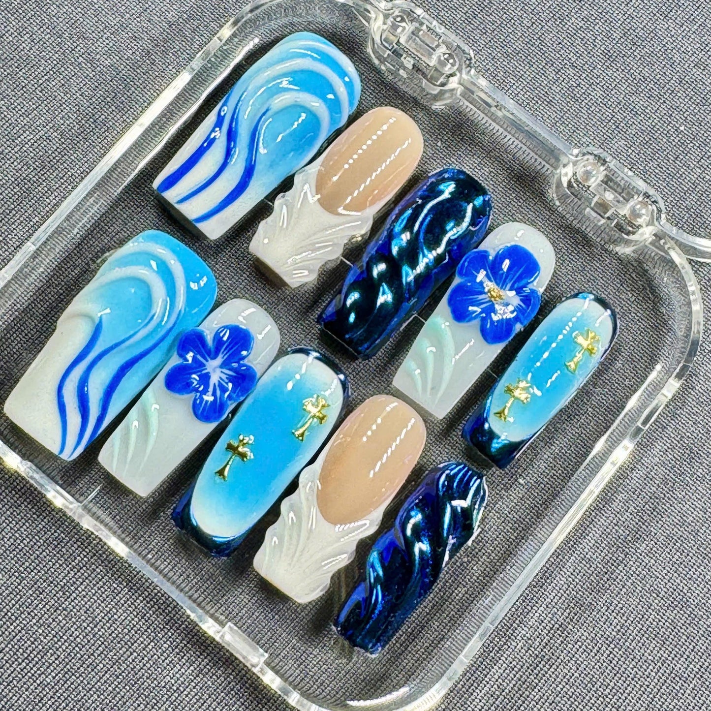 Ocean Bloom Press On Nails – Blue Chrome Waves with Floral and Cross Accents | Gift for Her