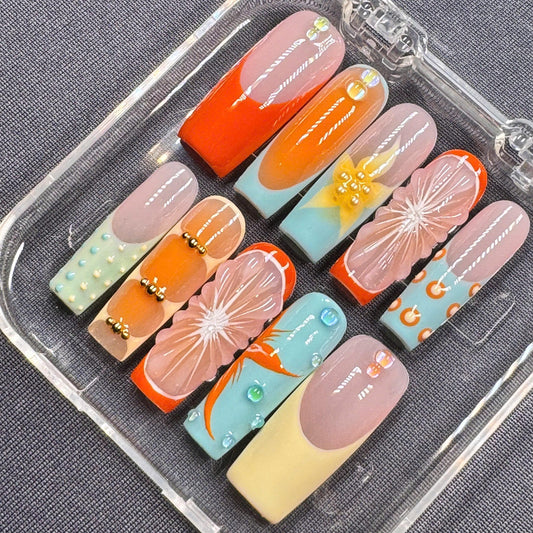 Retro Bloom Press-On Nails – 3D Flowers, Color Block Design and Bead Accents in Coral, Aqua & Yellow | Handmade Nails for Summer or Gift