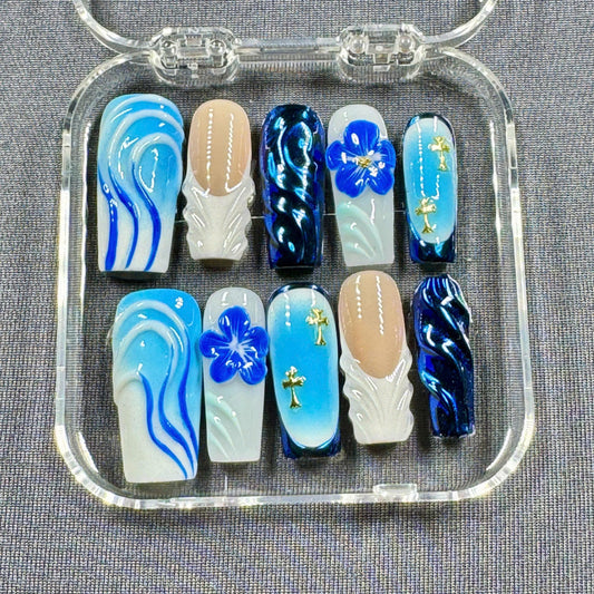 Ocean Bloom Press On Nails – Blue Chrome Waves with Floral and Cross Accents | Gift for Her