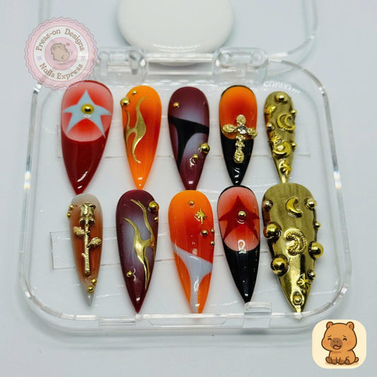 Celestial Fire Press-On Nails – Gothic Gold Embellished Long Almond Nail Set with Moons, Cross, Stars & Flames – Handmade Luxury Art