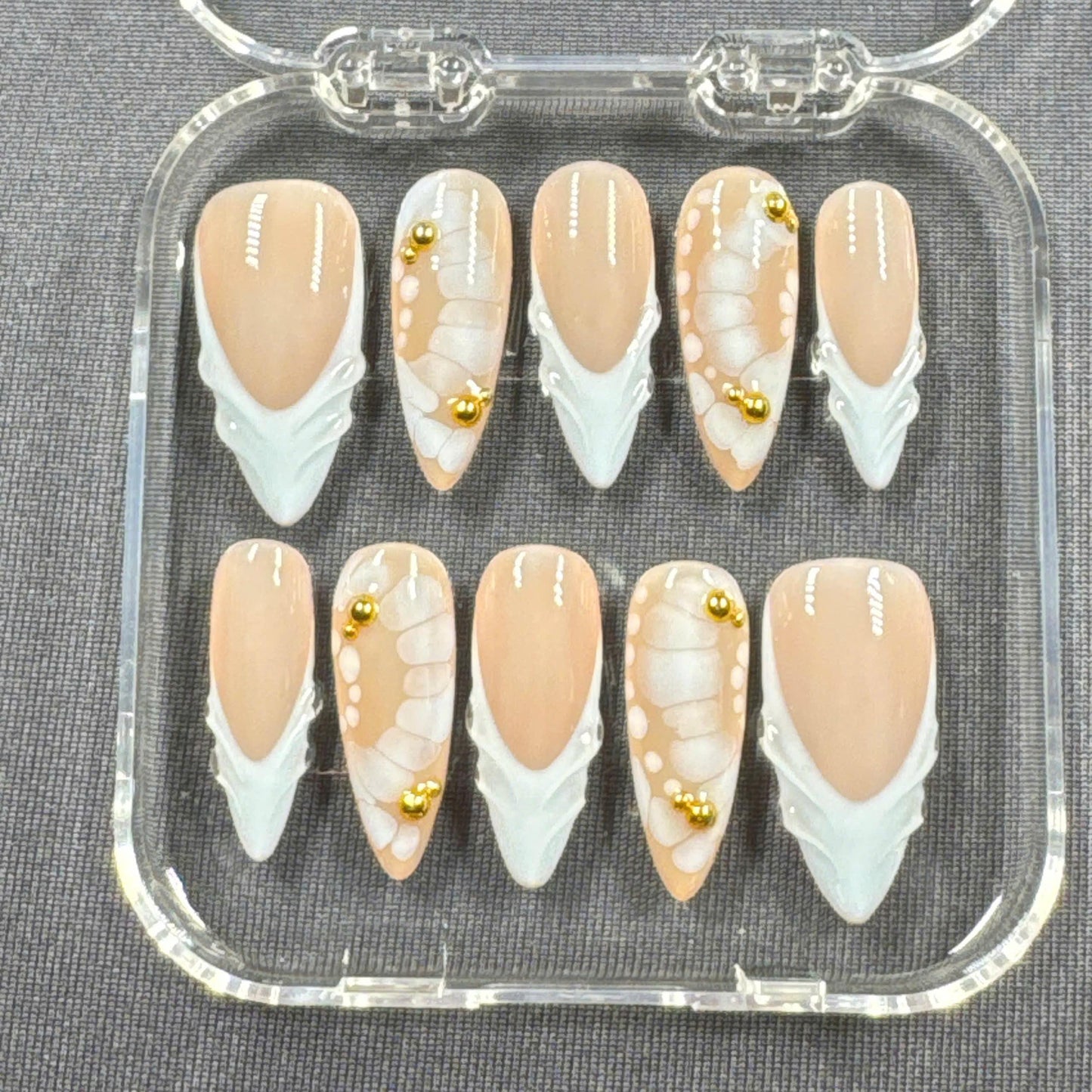 Ivory Whisper Press-On Nails – White Sculpted Tips with Butterfly Wing Art and Gold Beads | Handmade Nails for Bridal or Minimal Glam