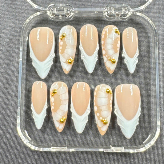 Ivory Whisper Press-On Nails – White Sculpted Tips with Butterfly Wing Art and Gold Beads | Handmade Nails for Bridal or Minimal Glam