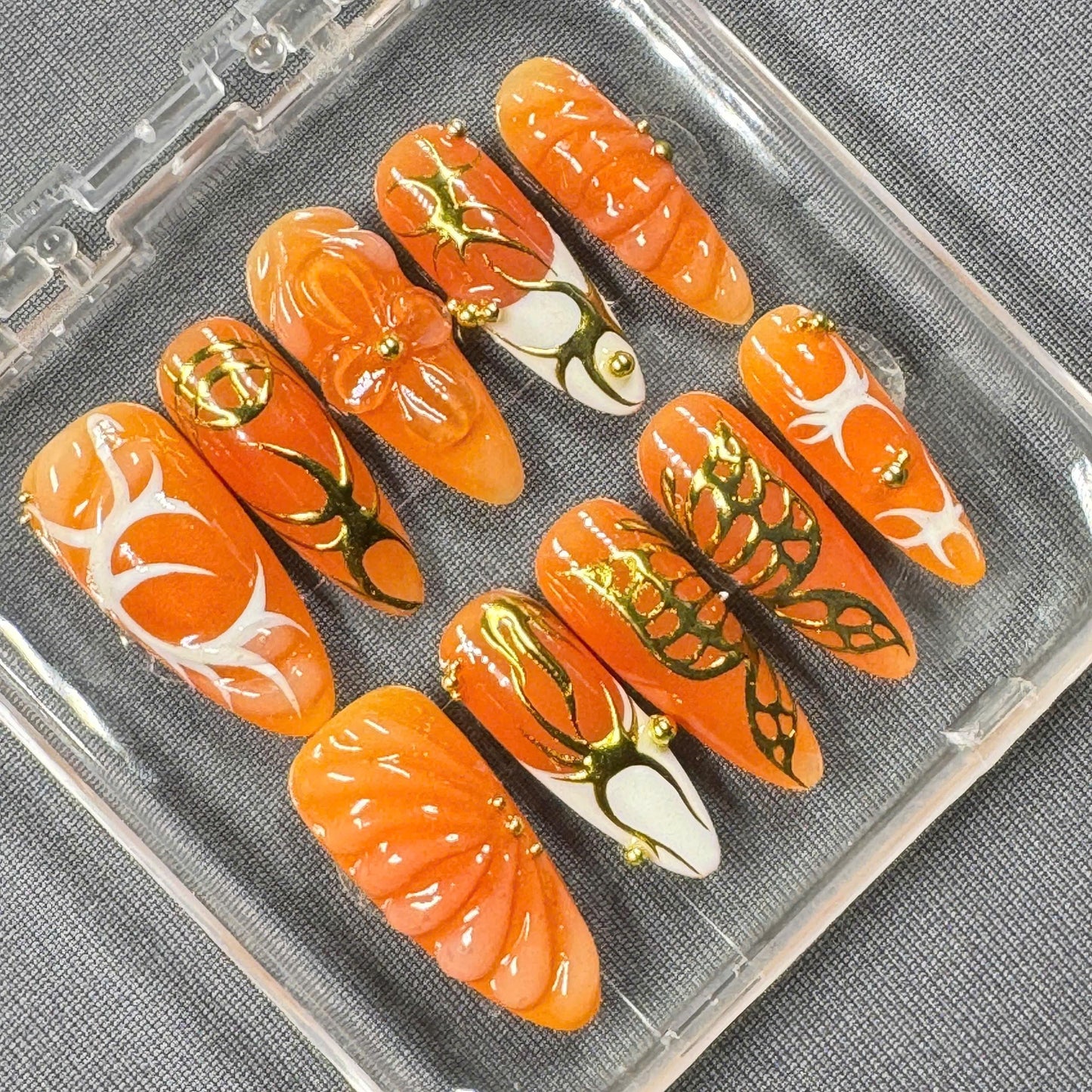 Golden Flame Bloom Press On Nails – Orange Gloss, 3D Flower & Abstract Gold Art | Gift for Her