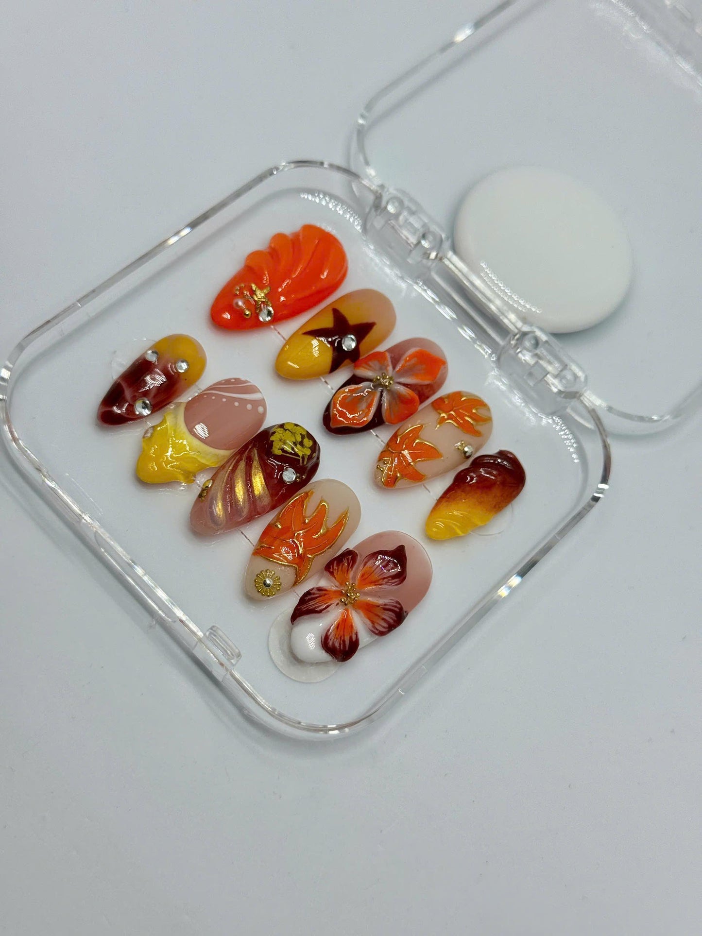 Autumn Blaze Press-On Nails – 3D Floral & Leaf Designs in Orange, Red Gold | Handmade Nails for Fall, Thanksgiving, or Gift for Her