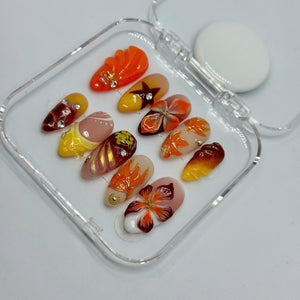 Autumn Blaze Press-On Nails – 3D Floral & Leaf Designs in Orange, Red Gold | Handmade Nails for Fall, Thanksgiving, or Gift for Her