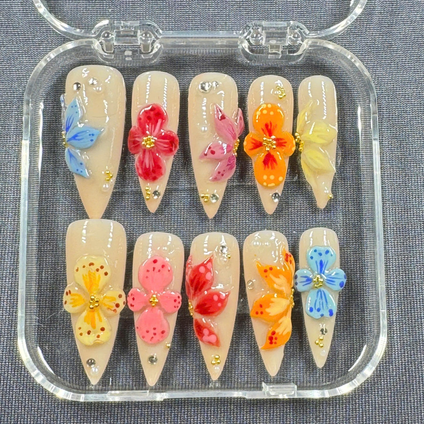Rainbow Garden Press-On Nails – 3D Multicolor Flowers Nude Gloss Base | Handmade Nails for Spring, Events, or Gift for Her
