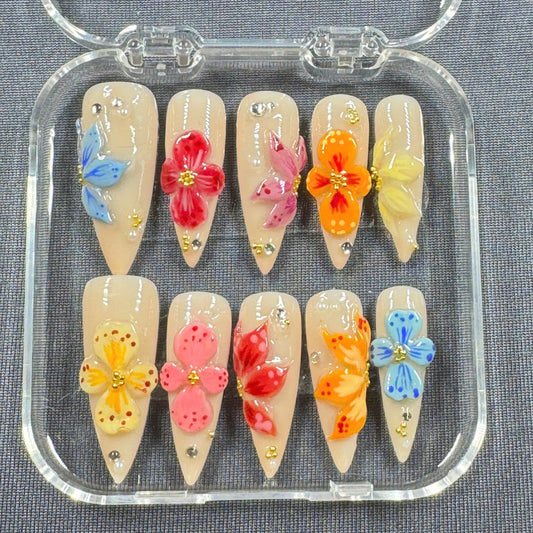 Rainbow Garden Press-On Nails – 3D Multicolor Flowers Nude Gloss Base | Handmade Nails for Spring, Events, or Gift for Her