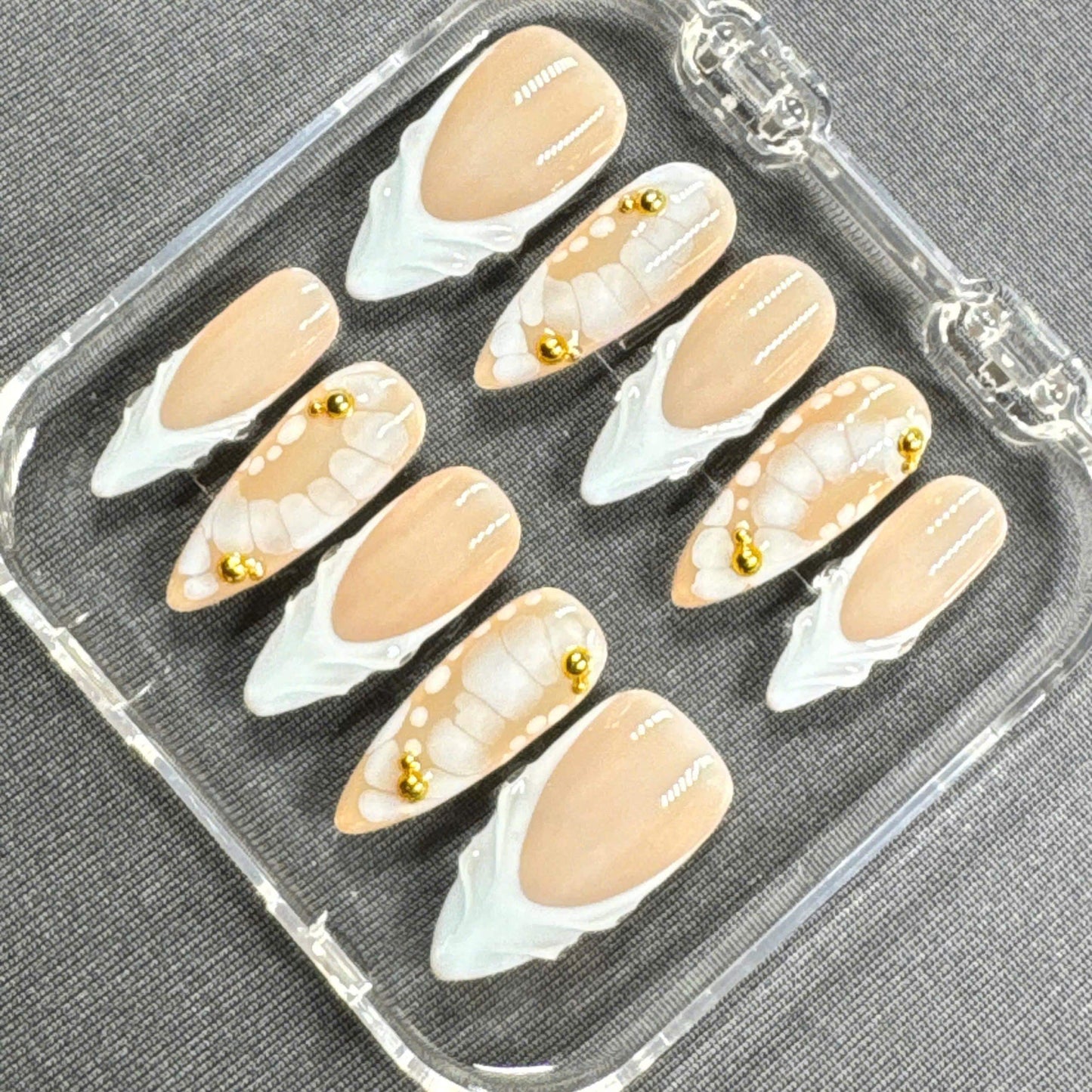 Ivory Whisper Press-On Nails – White Sculpted Tips with Butterfly Wing Art and Gold Beads | Handmade Nails for Bridal or Minimal Glam