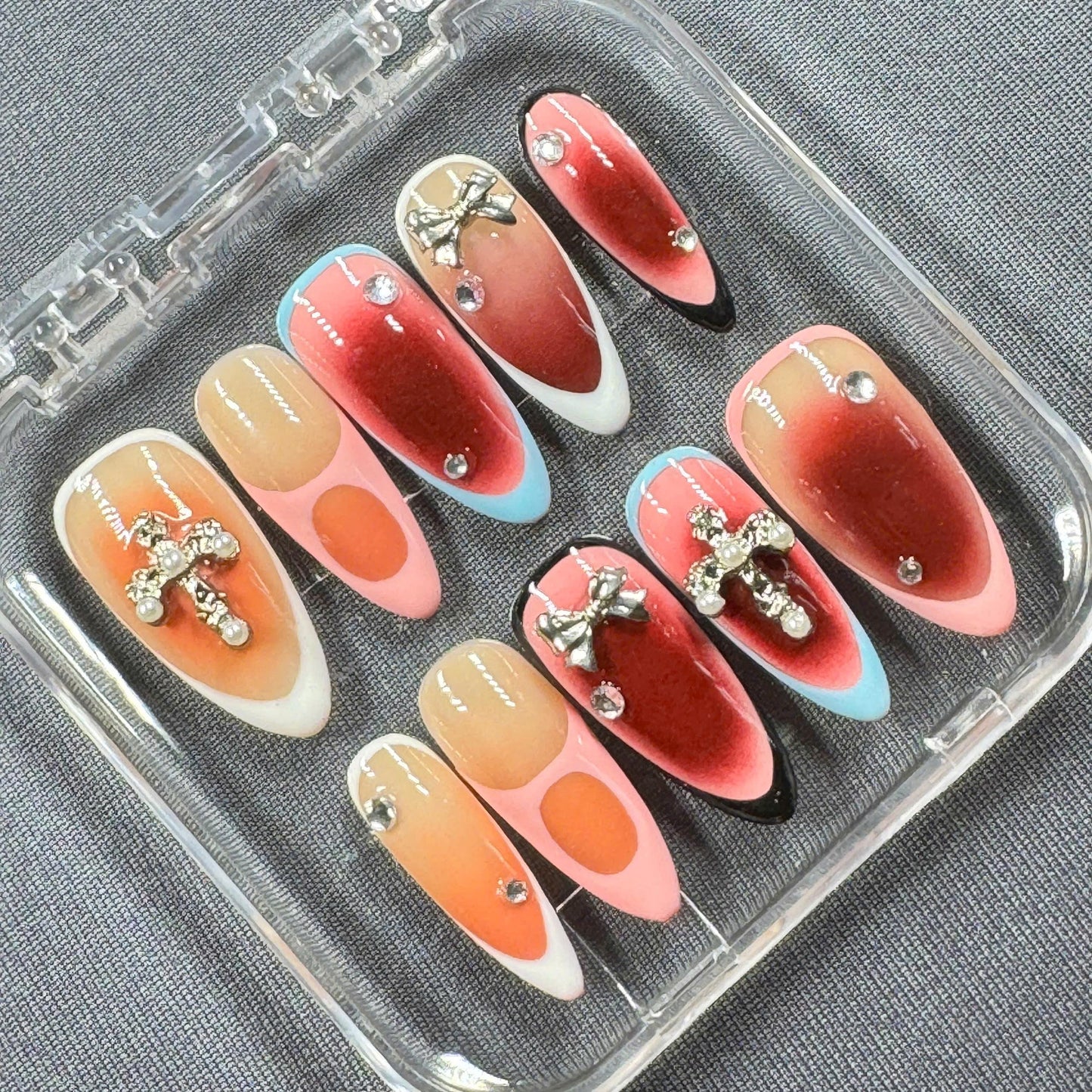 Crimson Grace Press-On Nails – Red Ombre with Rhinestone Cross Charms, Bows and French Tips | Handmade Nails for Bold Glam Looks