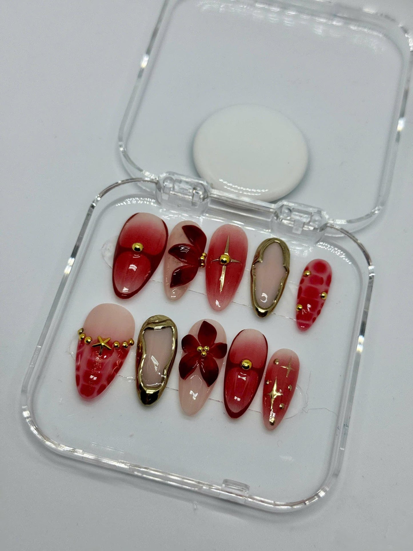 Cherry Bloom Press-On Nails with Pink Ombre, 3D Red Flowers, Gold Charms & Glossy Finish | Perfect for Date Night, Gifts | Summer Style