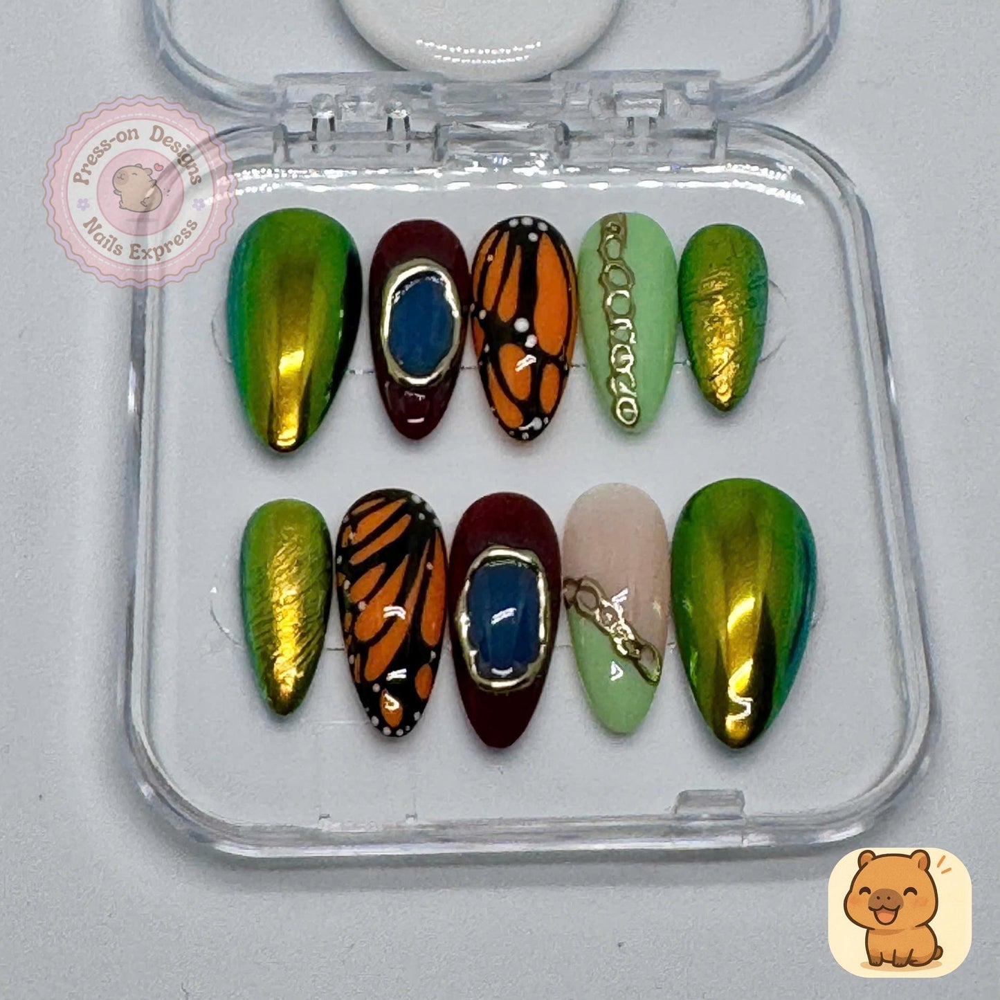 Butterfly Chrome Luxe Press-On Nails – Handmade Long Almond Nail Art with Gold Foil, Green Chrome & Jewel Accents Gift for Her